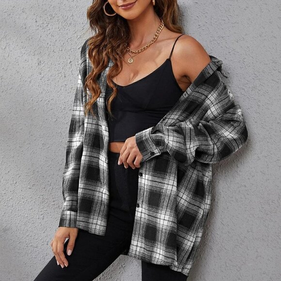 . Tops - Black and White Casual Womens Plaid Print Drop Shoulder Shirt